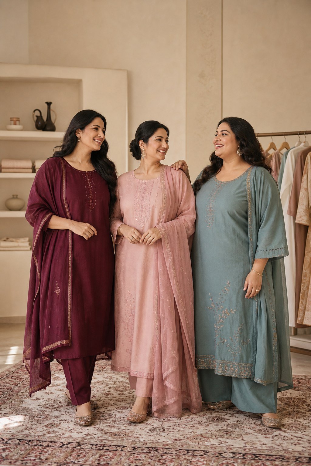 Three Indian women in elegant contemporary ethnic wear at a boutique