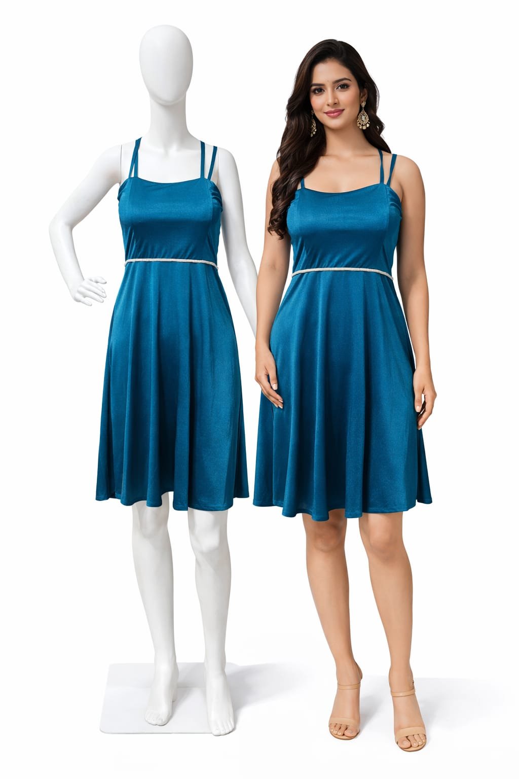 Teal satin dress from Veera Collections